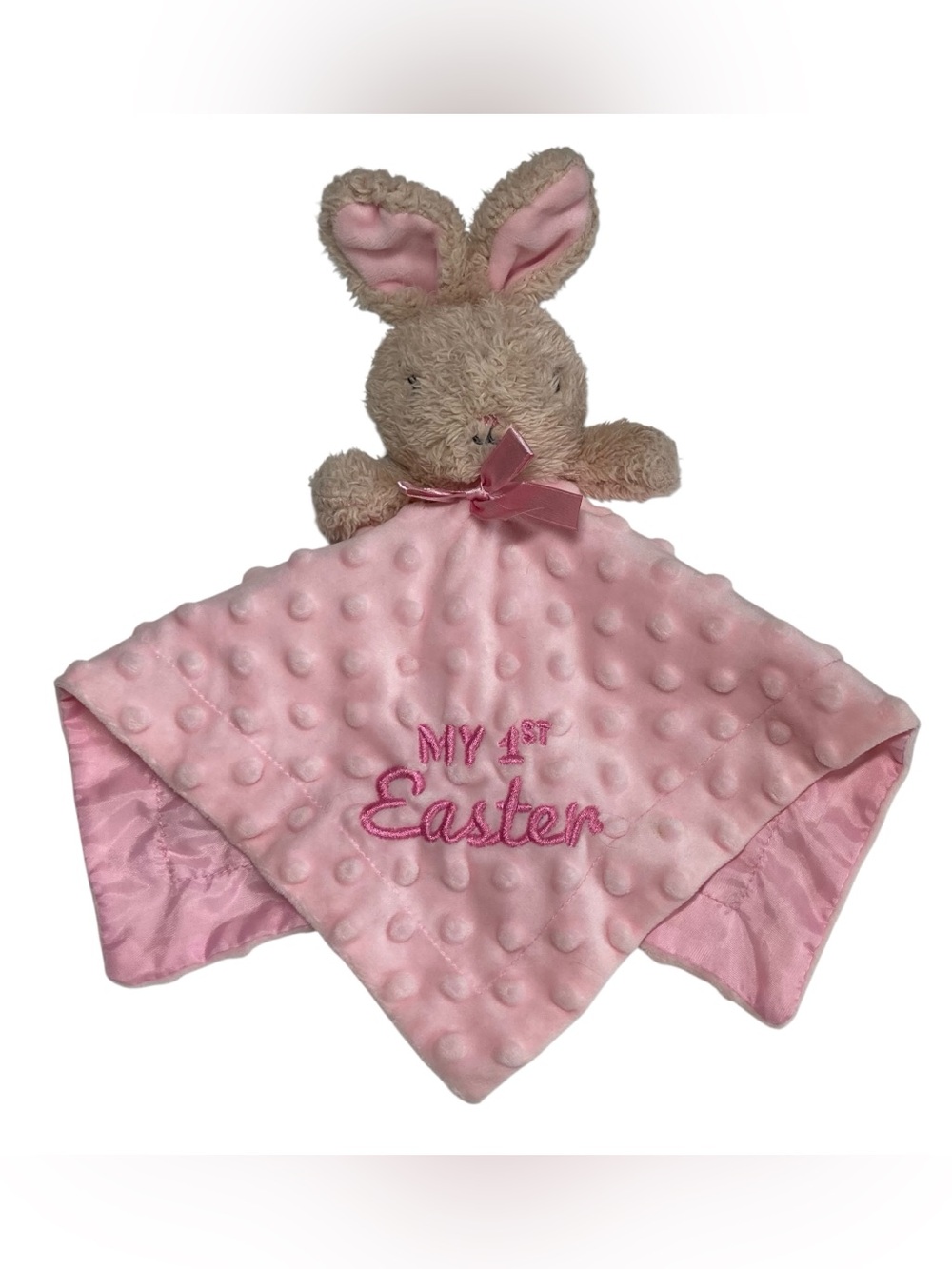 Walmart My 1st Easter Bunny Lovey 13" Security Blanket Pink Minky Dot Beige 2023